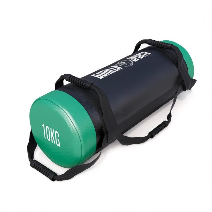 Sandbag da 10 kg Gorilla Sports nero e verde con maniglie, attrezzo fitness bodybuilding