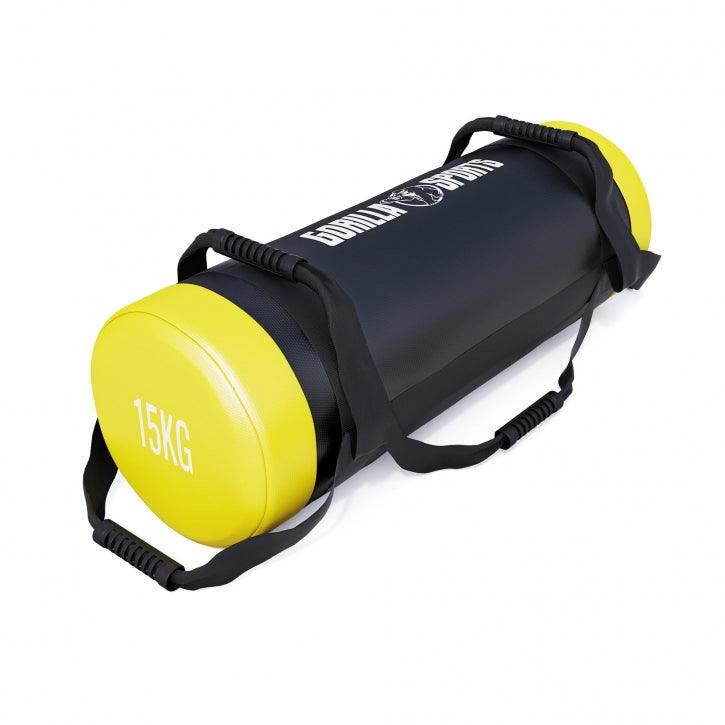 Power bag Gorilla Sports 15 kg nero e giallo con maniglie, attrezzo fitness bodybuilding