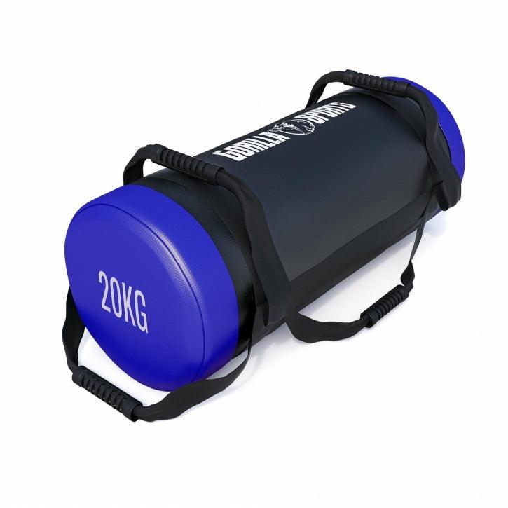Power bag Gorilla Sports 20kg nero e blu, attrezzo fitness per allenamento forza