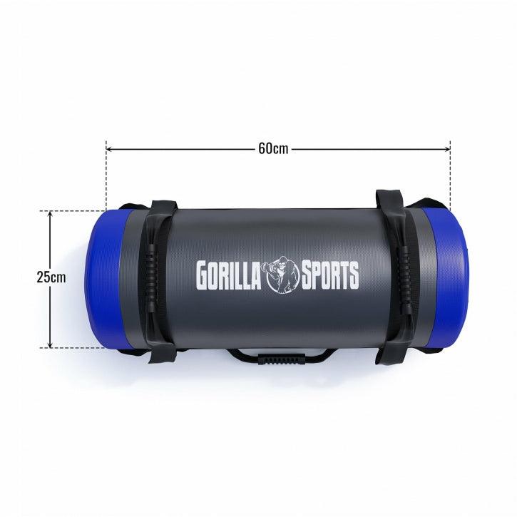 Borsa da fitness Gorilla Sports nera e blu, dimensioni 60x25 cm, vista dall'alto