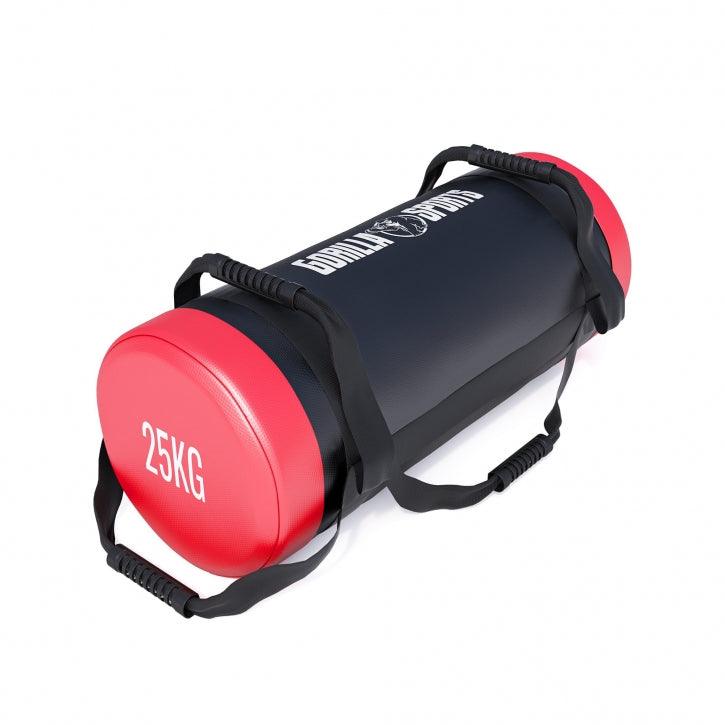 Power bag Gorilla Sports 25kg per allenamento fitness bodybuilding, nero e rosso, con maniglie