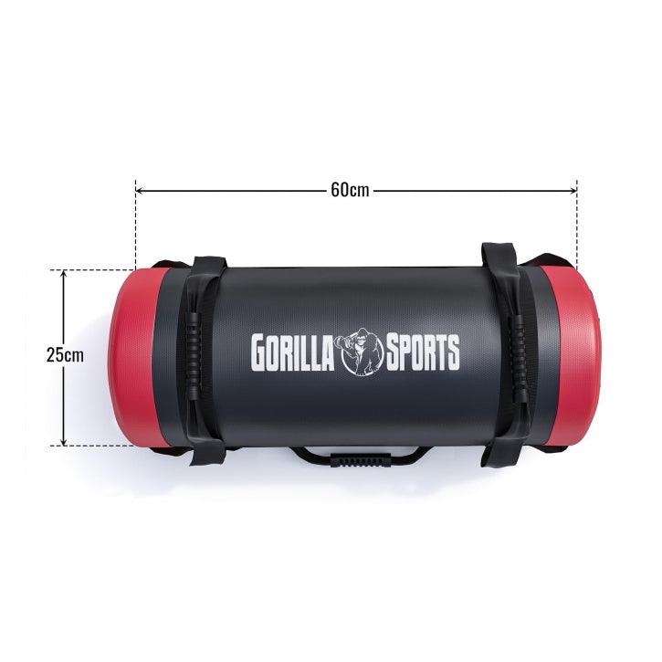 Sacco allenamento Gorilla Sports nero e rosso, 60x25 cm, per fitness e bodybuilding.