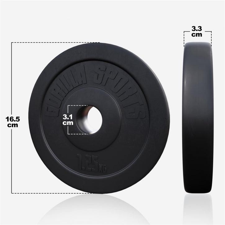 Disco pesi Gorilla Sports 1,25 kg nero, misure 16,5 cm diametro, foro 3,1 cm, spessore 3,3 cm