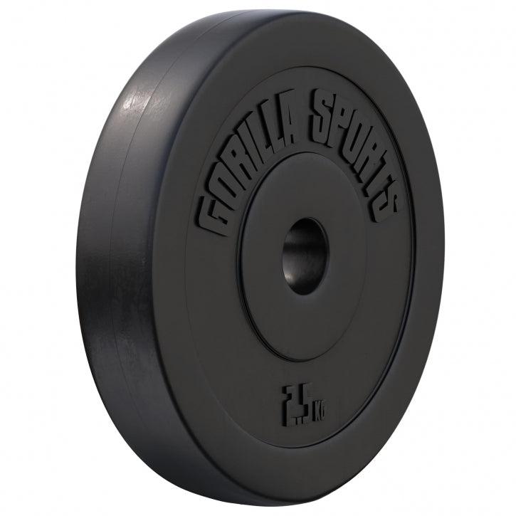 Disco pesi neri Gorilla Sports da 5 kg per bodybuilding e fitness, vista laterale