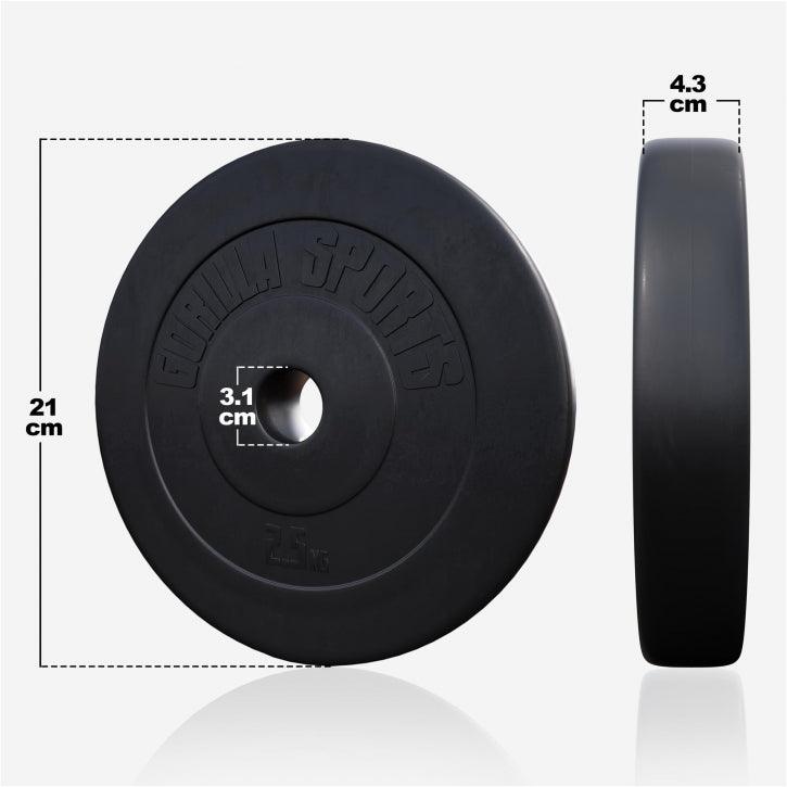 Disco pesi Gorilla Sports 2,5 kg nero, misure 21x4,3 cm, foro 3,1 cm per bodybuilding