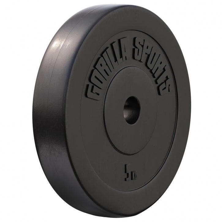Disco pesi 5kg nero Gorilla Sports per bodybuilding e fitness, logo in rilievo.