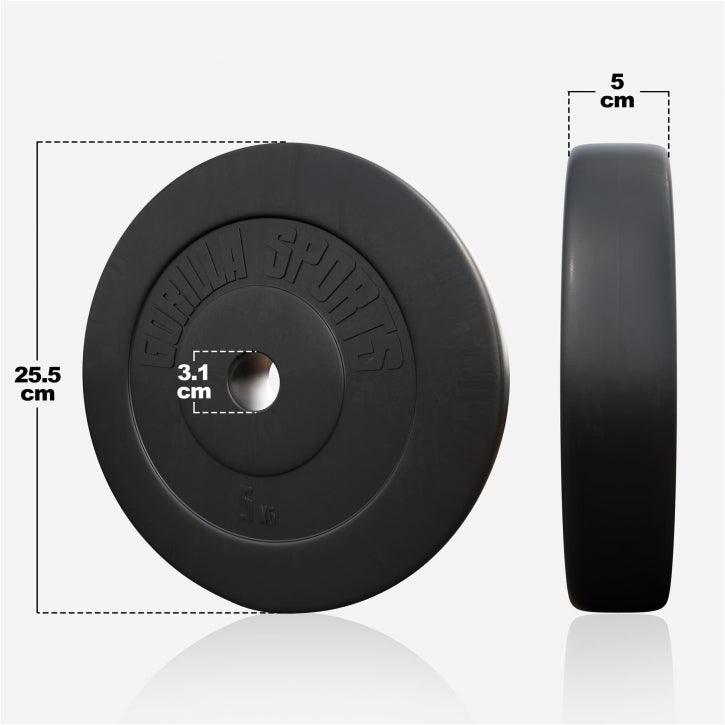 Disco pesi Gorilla Sports 5 kg nero, dimensioni 25,5x5 cm, per bodybuilding e fitness