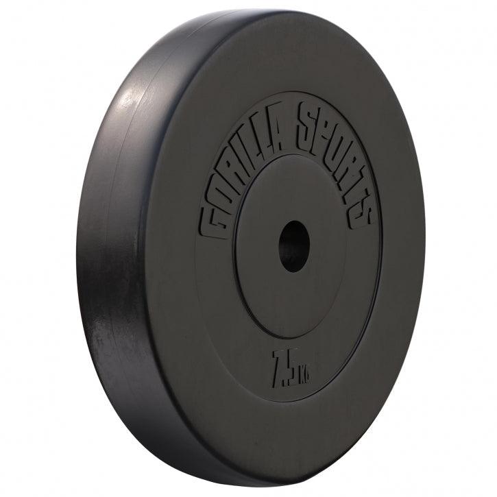 Disco peso nero da 7,5 kg Gorilla Sports per bodybuilding e fitness, visto di lato.