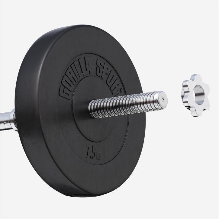 Disco pesi Gorilla Sports nero da 7,5 kg su bilanciere per bodybuilding e fitness