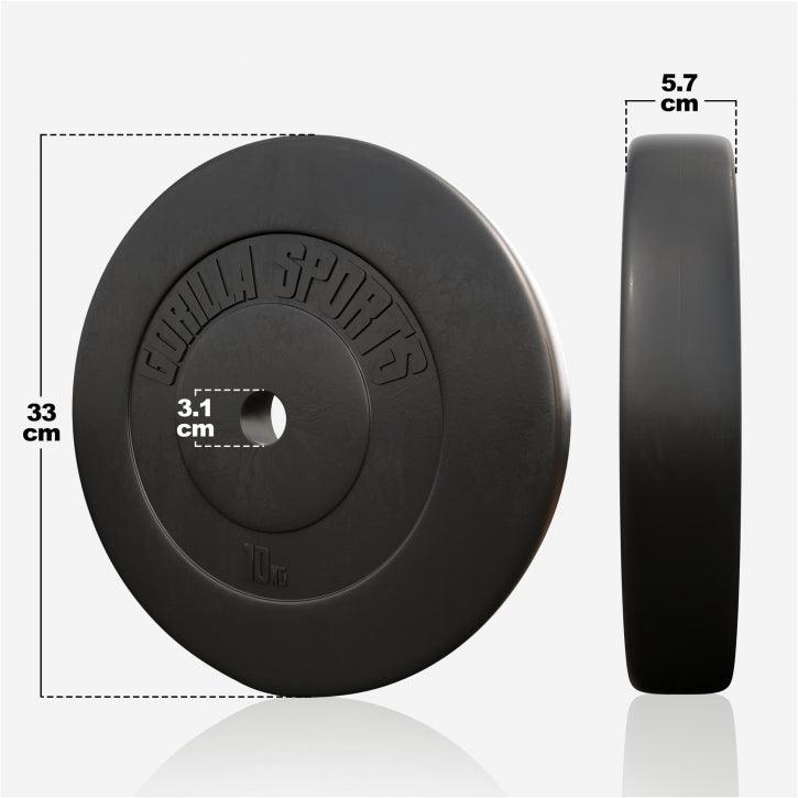 Disco pesi Gorilla Sports 10 kg per bodybuilding, nero, diametro 33 cm, foro 3,1 cm
