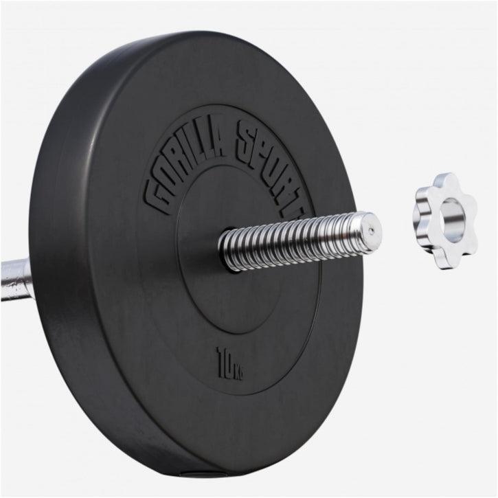 Disco pesi Gorilla Sports 10kg su bilanciere con chiusura, attrezzo bodybuilding fitness