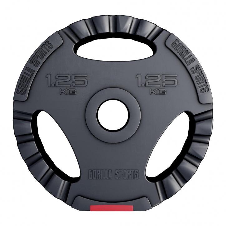 Disco pesi 1,25 kg Gorilla Sports per bodybuilding e fitness nero con impugnature.