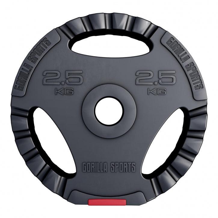 Disco pesi 2,5 kg Gorilla Sports nero per bodybuilding e fitness, dettaglio foro centrale