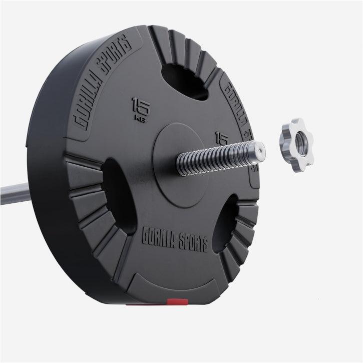 Disco pesi Gorilla Sports 15 kg su bilanciere, attrezzo fitness bodybuilding