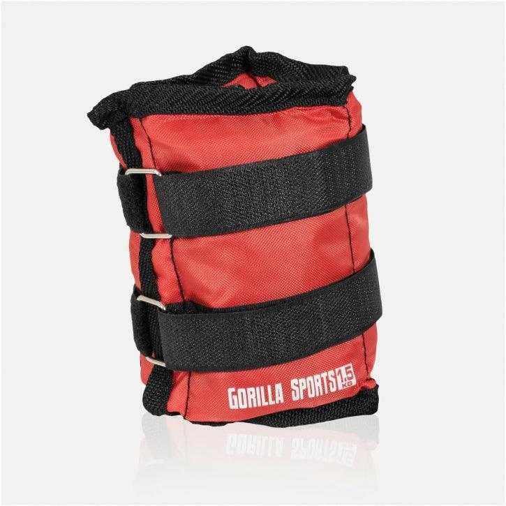 Cavigliera zavorrata rosso-nera Gorilla Sports 1,5 kg per allenamento fitness e bodybuilding.