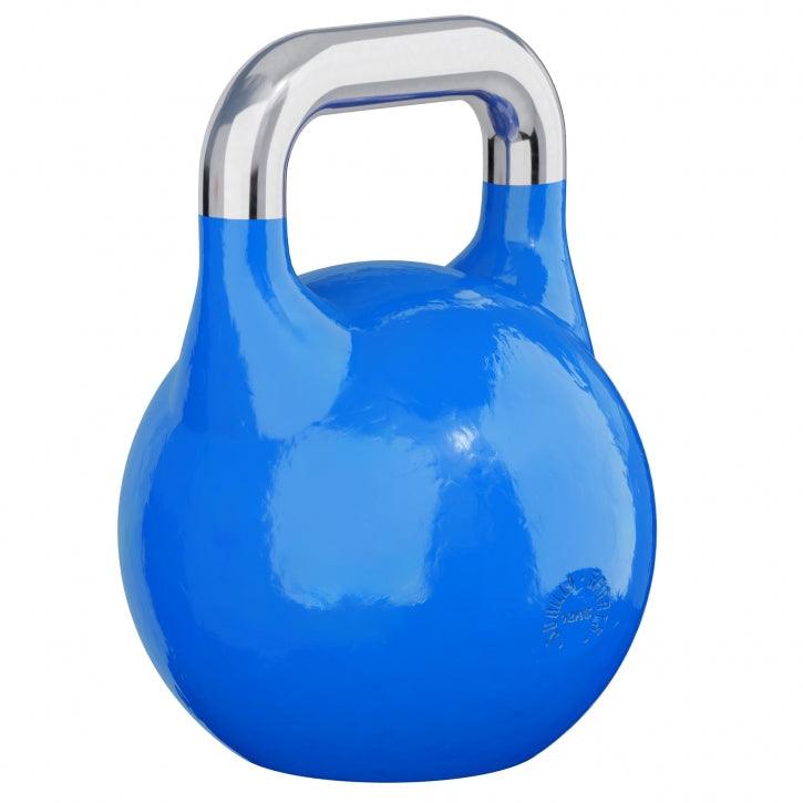 Kettlebell blu Gorilla Sports per bodybuilding e fitness, con manico cromato, su sfondo bianco