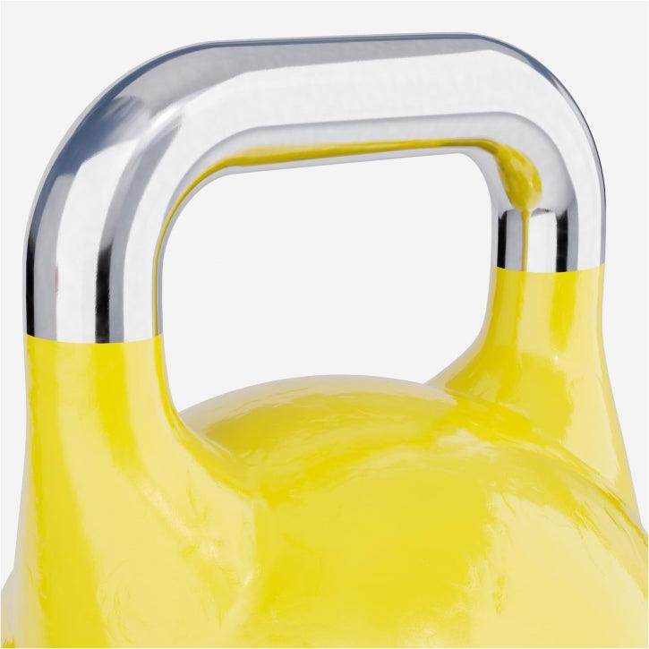 Dettaglio kettlebell gialla con manico cromato, Gorilla Sports body building fitness
