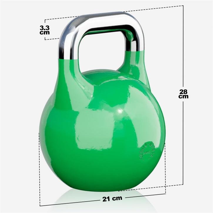 Kettlebell verde Gorilla Sports con manico cromato e misure 28x21x3,3 cm, attrezzo fitness