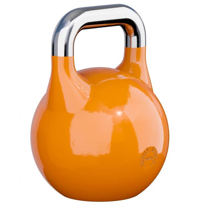 Kettlebell arancione Gorilla Sports per bodybuilding e fitness, sfondo bianco