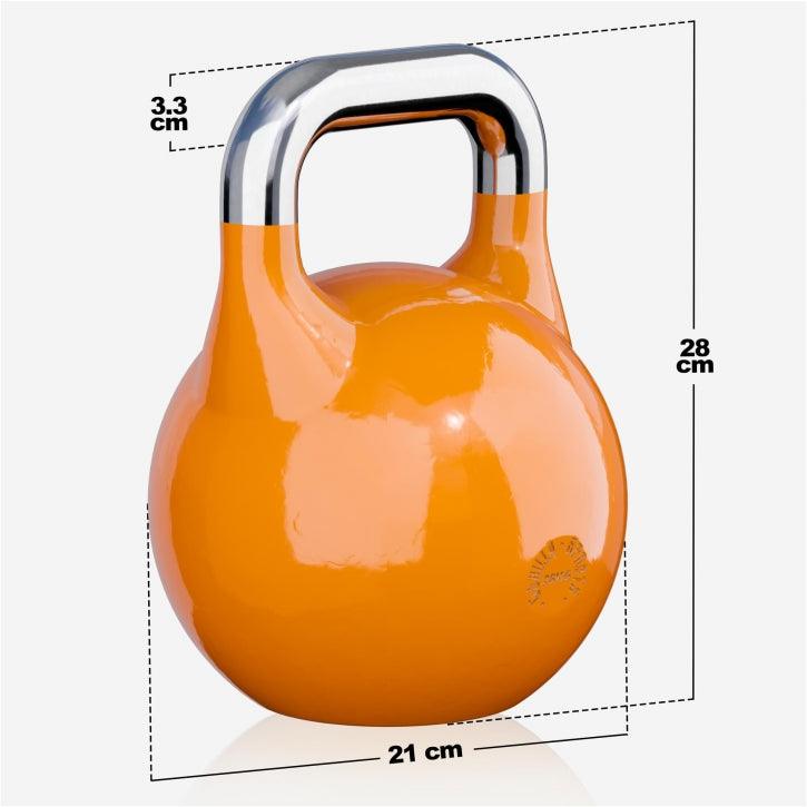 Kettlebell arancione Gorilla Sports con manico cromato, misure 28x21x3,3 cm, attrezzo fitness