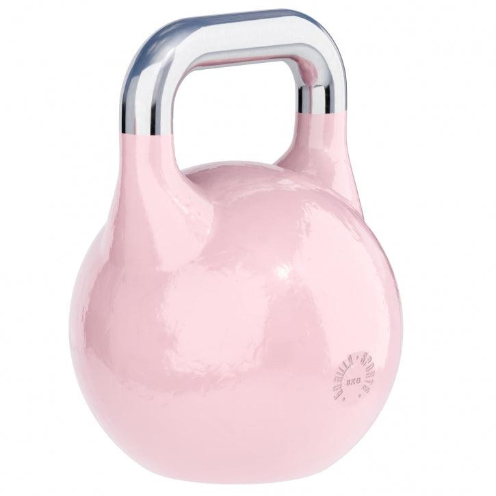 Kettlebell rosa Gorilla Sports 8 kg con manico cromato, ideale per fitness e bodybuilding.