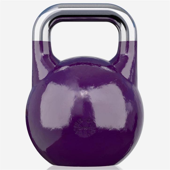 Kettlebell viola Gorilla Sports per allenamento bodybuilding e fitness, sfondo chiaro