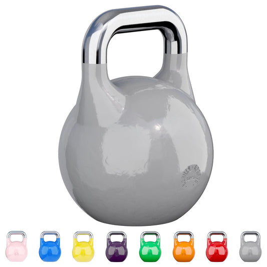 Kettlebell grigia Gorilla Sports con manico cromato, varianti colorate in basso, attrezzo fitness