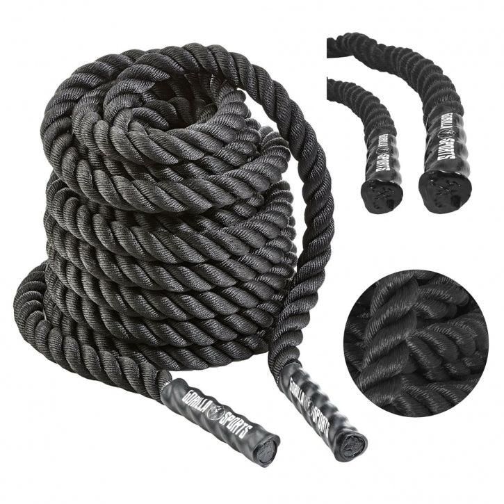 Batlte rope Gorilla Sports nera per allenamento fitness e bodybuilding, dettagli manici