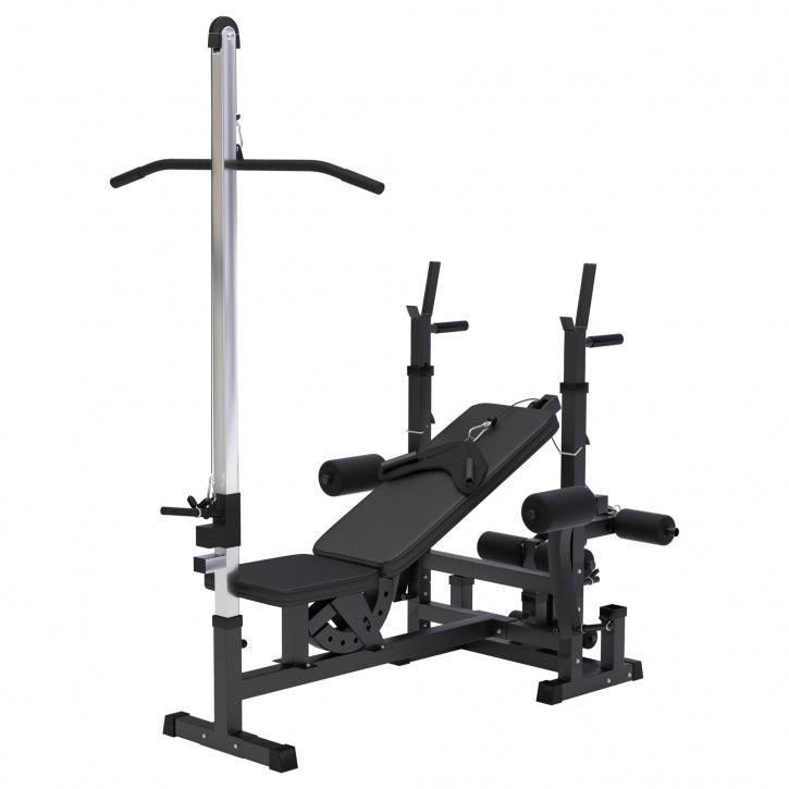 Panca multifunzione Gorilla Sports per palestra, bodybuilding e fitness, struttura nera e acciaio.