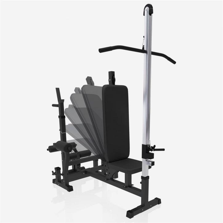 Panca multifunzione Gorilla Sports per bodybuilding e fitness, regolabile, con lat machine