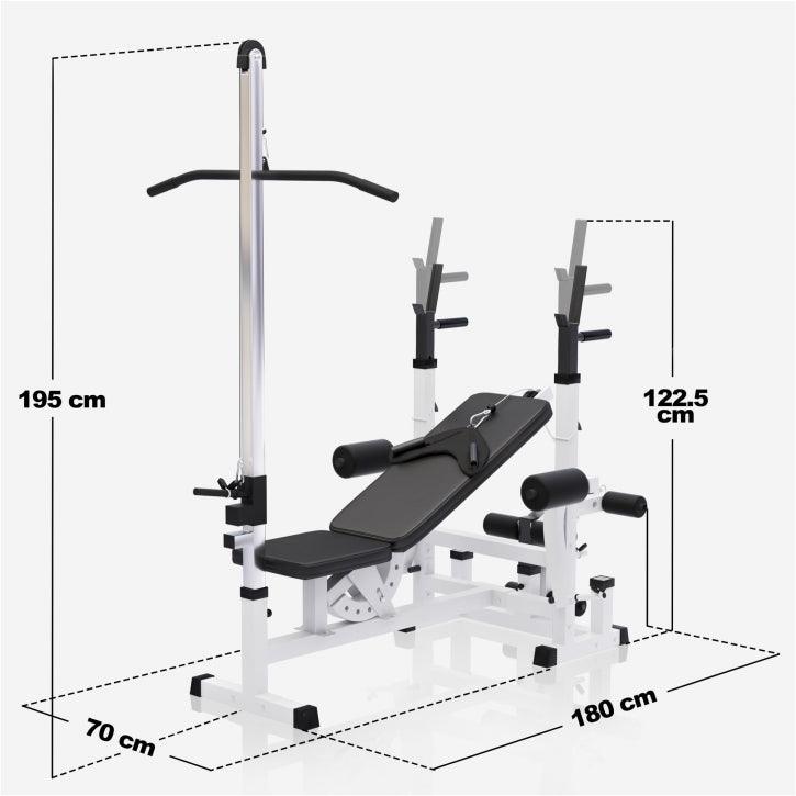 Panca multifunzione per body building Gorilla Sports con lat machine, misure 195x180x70 cm.