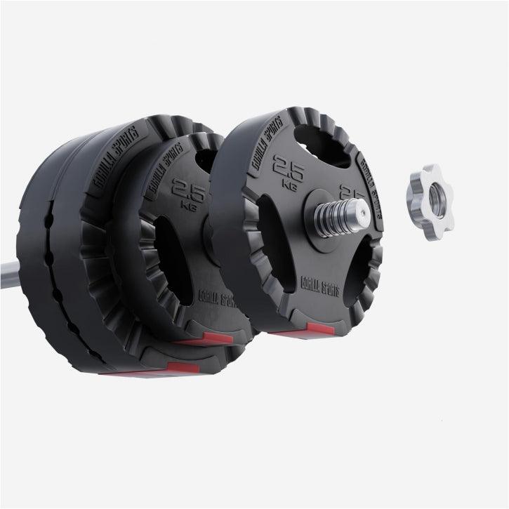 Manubrio con pesi Gorilla Sports da 2,5 kg, attrezzo bodybuilding e fitness, sfondo chiaro.