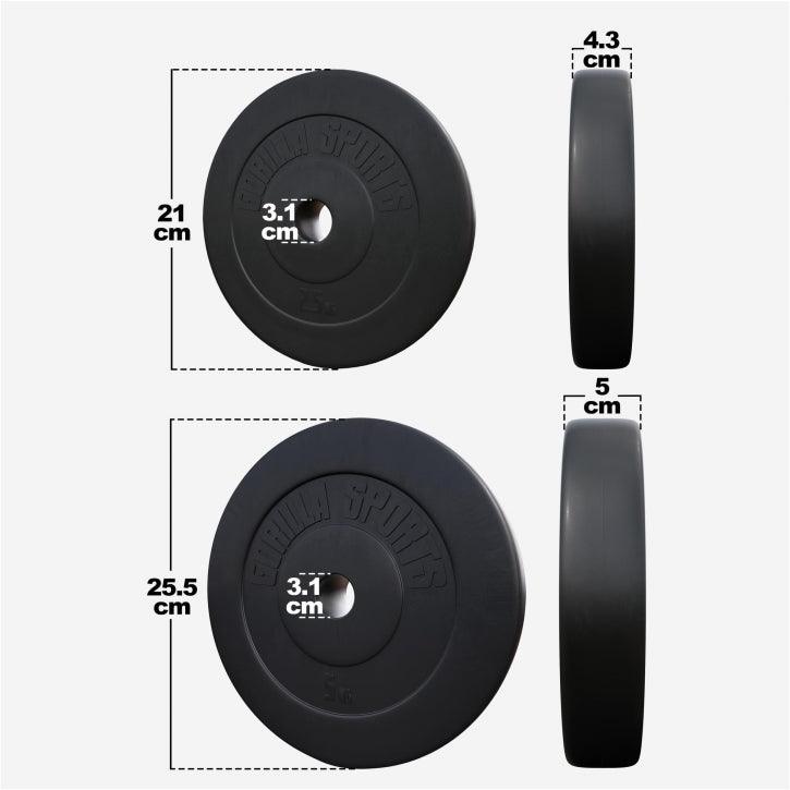 Dischi pesi Gorilla Sports neri con misure per bodybuilding e fitness, foro 3,1 cm