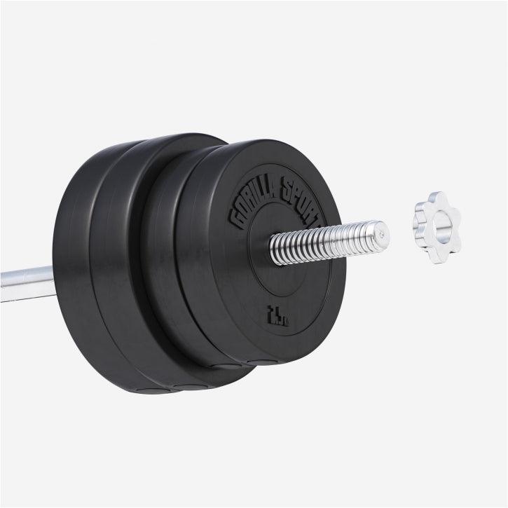 Bilanciere con pesi neri Gorilla Sports per bodybuilding e fitness su sfondo bianco