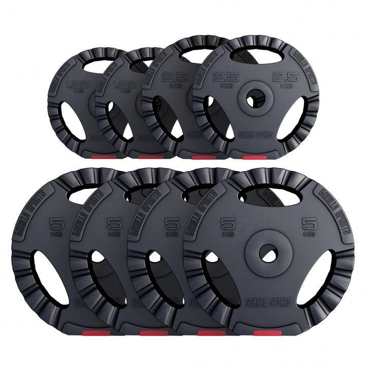 Set di dischi pesi Gorilla Sports in ghisa neri per bodybuilding e fitness, 1,25 kg, 2,5 kg e 5 kg.