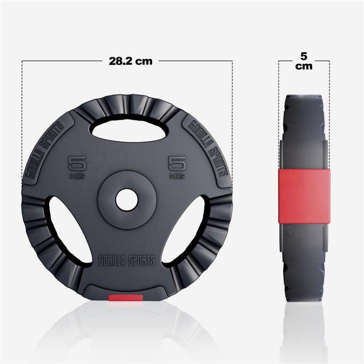 Disco peso 5 kg Gorilla Sports nero con dettagli rossi, diametro 28,2 cm, spessore 5 cm