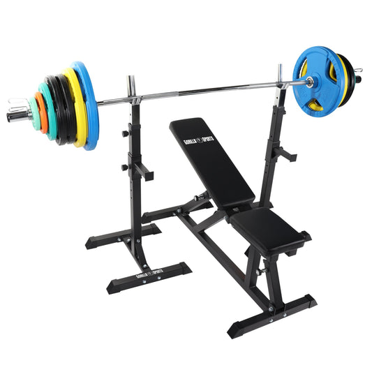 Set Panca Inclinata, Supporto, Bilancere e Dischi Gommati 150 kg