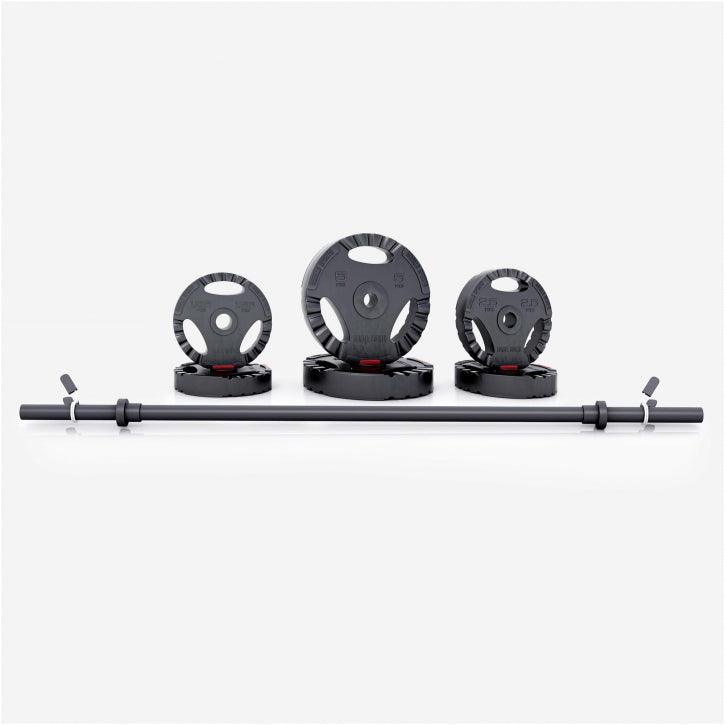 Set bilanciere e dischi pesi neri Gorilla Sports per bodybuilding e fitness, su sfondo chiaro.