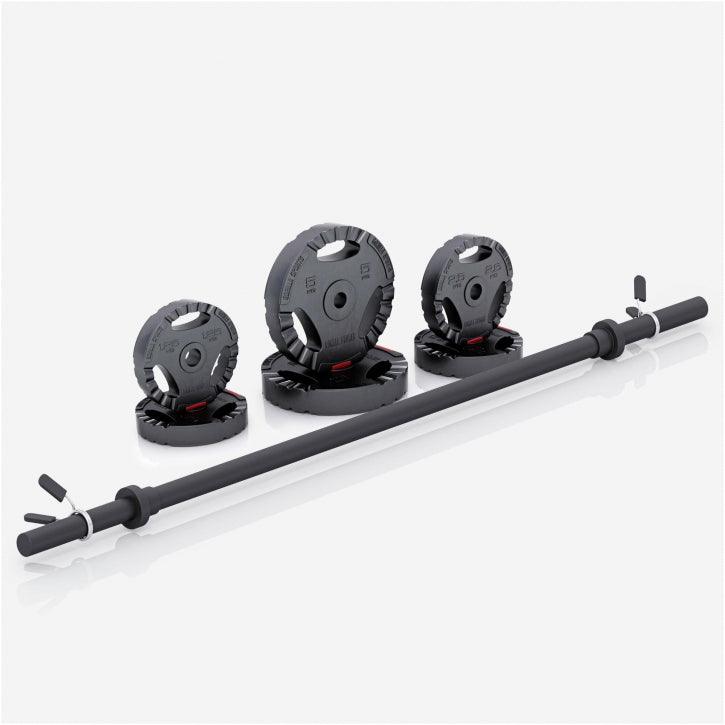 Set bilanciere e pesi neri Gorilla Sports per bodybuilding e fitness, su sfondo bianco.