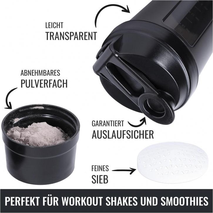 Shaker proteico da 500 ml con scomparto per polveri nero
