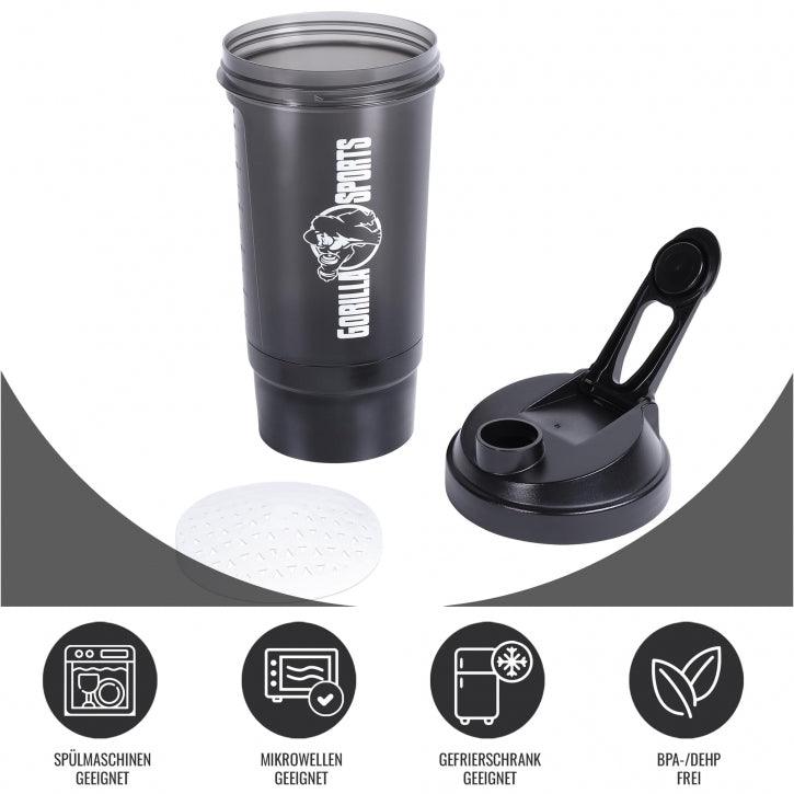 Shaker proteico da 500 ml con scomparto per polveri nero