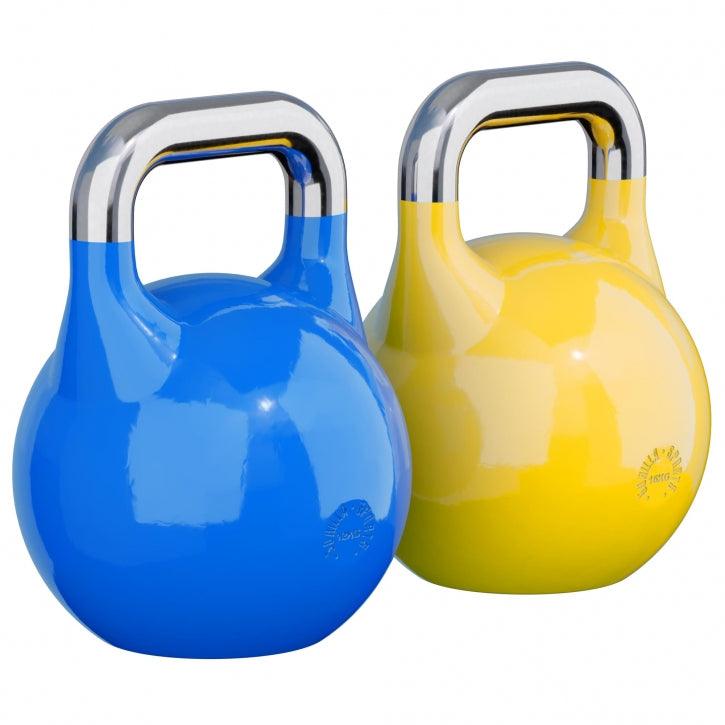 Due kettlebell Gorilla Sports blu e giallo con manico cromato per fitness e bodybuilding