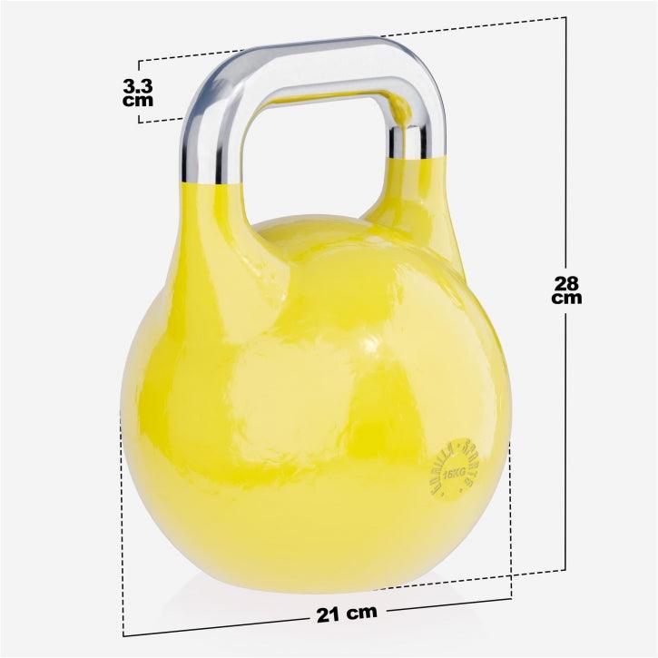 Kettlebell gialla Gorilla Sports 16kg con manico cromato e misure, ideale per bodybuilding e fitness.