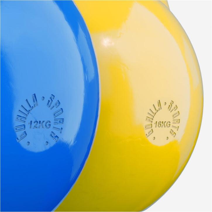 Pesi colorati Gorilla Sports 12kg blu e 16kg giallo per fitness e bodybuilding