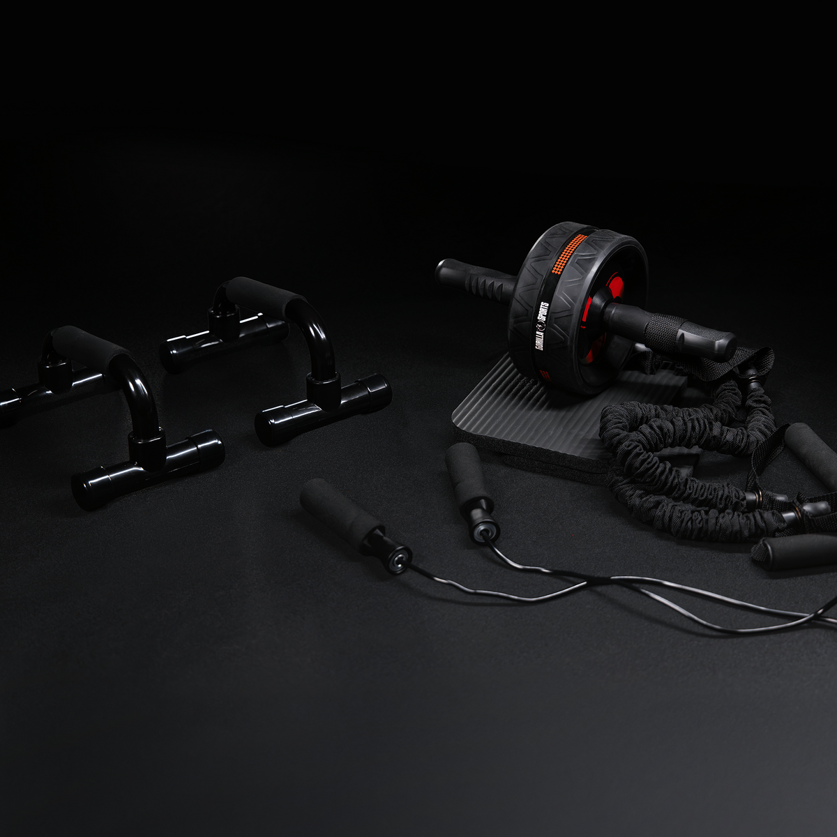 Set Addominali con Rullo Ab Roller, Bande Elastiche e Push Up Bar