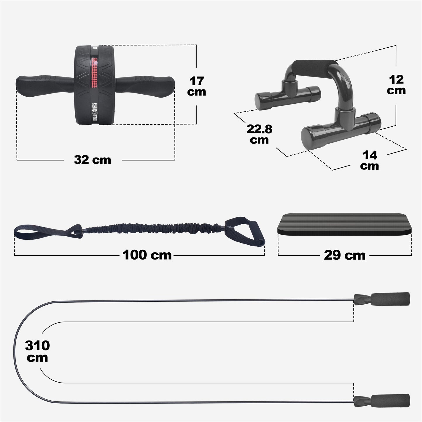 Set Addominali con Rullo Ab Roller, Bande Elastiche e Push Up Bar
