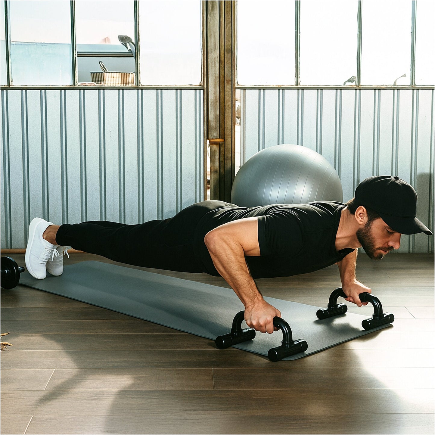 Set Addominali con Rullo Ab Roller, Bande Elastiche e Push Up Bar