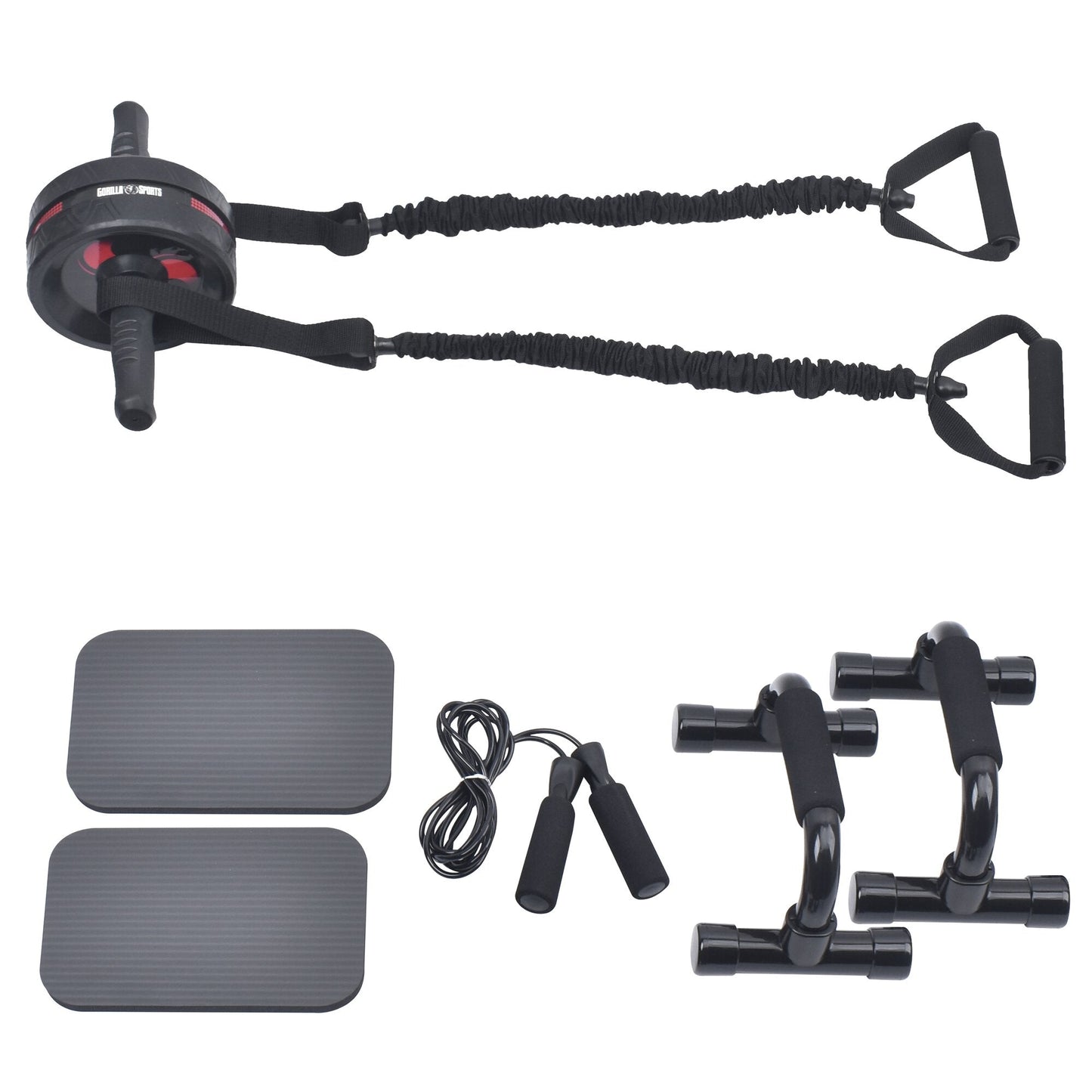 Set Addominali con Rullo Ab Roller, Bande Elastiche e Push Up Bar