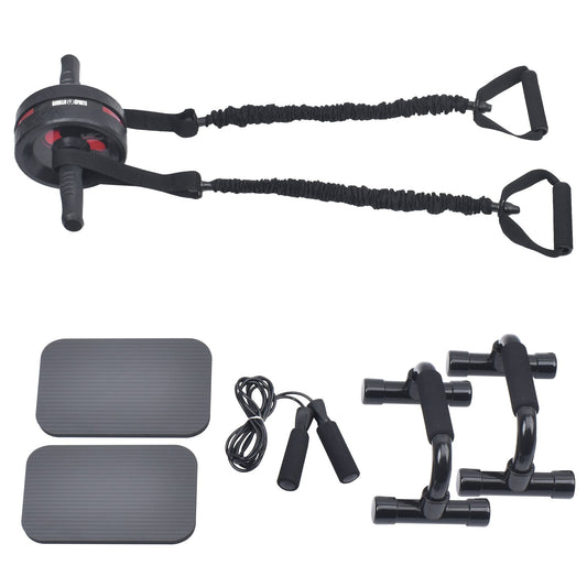 Set Addominali con Rullo Ab Roller, Bande Elastiche e Push Up Bar