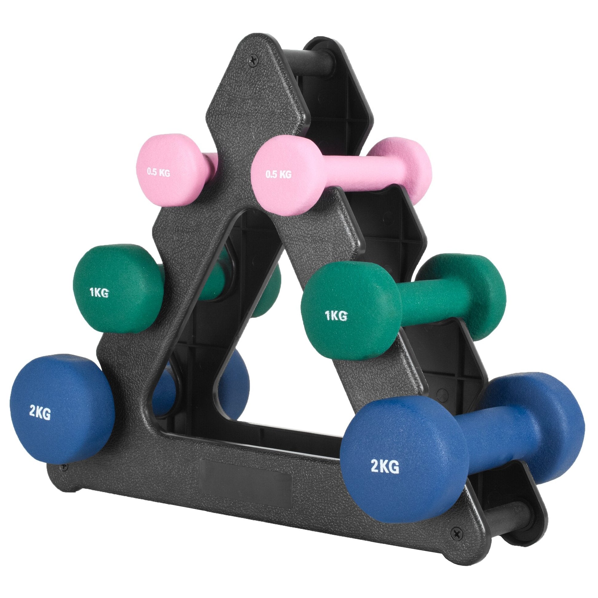 Set manubri colorati Gorilla Sports su supporto nero, pesi 0.5kg 1kg 2kg, fitness home gym